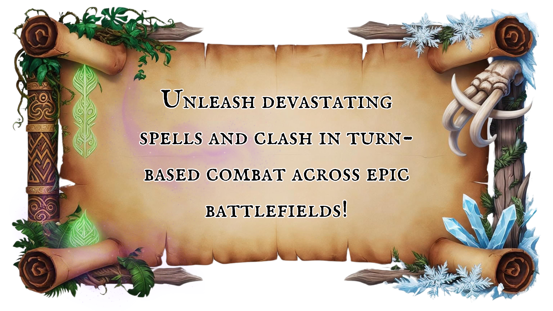 Banner with text: Unleash devastating spells and clash in turn-based combat across epic battlefields!